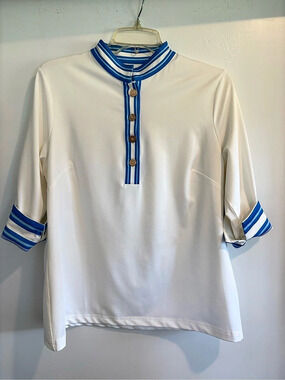 Gretchen Scott Ruffneck Top - Stripe Tunic White & Blue Large
